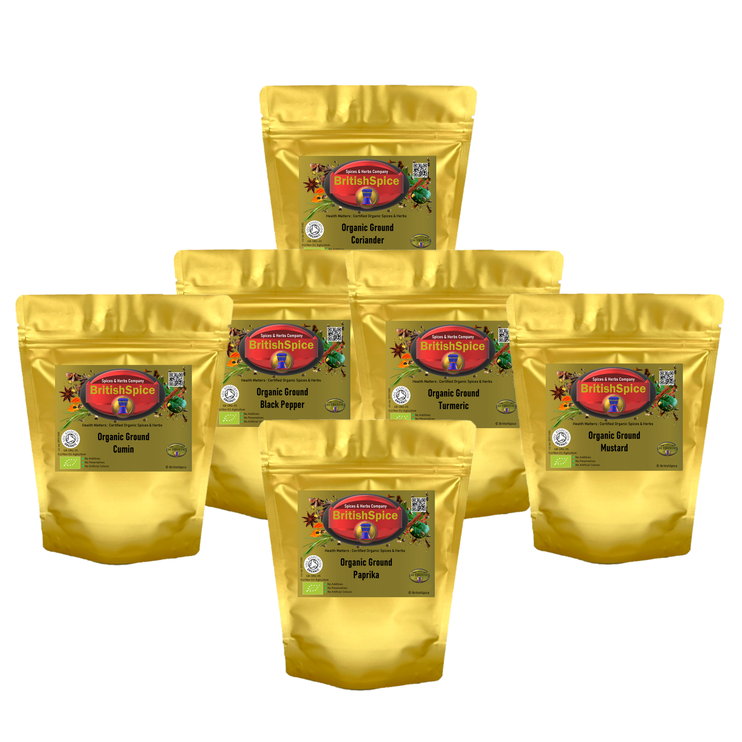 Essential Asian Organic Spices Value Pack: Turmeric|Mustard|Pepper|Coriander|Paprika|Cumin